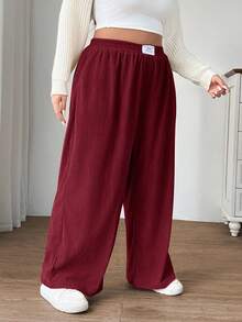 SHEIN EZwear Quần ống rộng lưng cao dáng rộng cỡ lớn dành cho nữ, vải nhung kẻ màu đỏ hồng có túi và thiết kế miếng vá, phù hợp mặc ở trường học, mặc hàng ngày và làm việc trong nhà, mùa thu/đông - Màu Hoa hồng đỏ - Xem 4