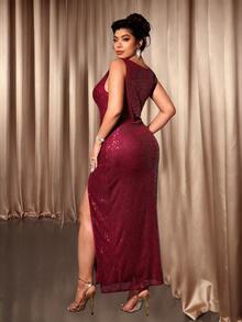 Allurite Robe maxi moulante fendue avec décolleté plongeant, pailletée, de luxe, élégante et sexy, pour grandes tailles - Rouge foncé - Voir 2