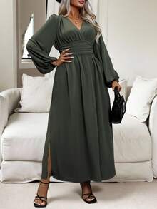 Vionelle Plus Lantern Sleeve Ruched Waist Split Thigh Dress Maxi Women Outfit - Army Green - View 4