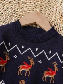 2025新款男童毛衣，秋冬新款，时尚藏蓝色卡通圣诞长袖提花套头衫，可爱打底针织衫，适合节日穿着，8岁男童圣诞毛衣，圣诞宝宝，男童学院风 - 藏蓝色 - 查看 3