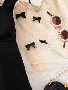 2pcs Mommy And Me Matching Outfits, Cute & Elegant Color Block Bowknot Long Sleeve Dress For Baby Girl (Sold Separately) Elegant Black Dress For Toddler Black Elegant Dress For Toddler Baby Black Elegant Dress Baby Elegant Dress Party Black Mom Daughter Matching Dress