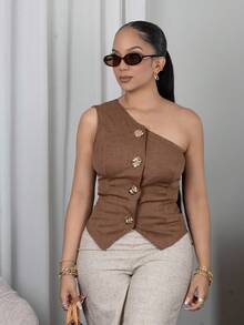 Melissa Matos 时尚百搭 S 形黑色金属扣装饰性感不对称领口上衣，适合春夏季女士 - 咖啡棕 - 查看 4