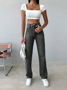 SHEIN Tall Tall High Waist Snow Wash Straight Jean - Light Grey - View 4