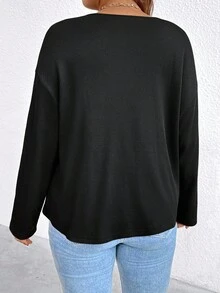 EMERY ROSE Áo thun tay dài họa tiết chắp vá cỡ lớn màu tương phản cho nữ, thích hợp mặc hàng ngày và đi nghỉ - Nhiều màu - Xem 2