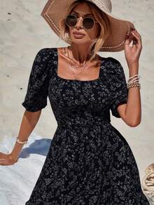 SHEIN Cottnline Vacation Casual Floral Puff Sleeve Dress - Multicolor - View 5