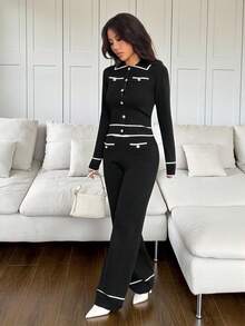 SHEIN PETITE 2 Stücke Damen Kontrast-Farbblock Knopfleiste Taschen Langarm Oberteil und Hose Set 2-teiliges Set für Herbst/Winter