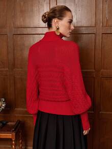 SHEIN LUNE Jersey elegante para mujer, hecho de lana suave, con cuello alto y silueta de murciélago, adecuado para fiestas de Navidad, ir al trabajo, otoño/invierno - Rojo - Ver 2