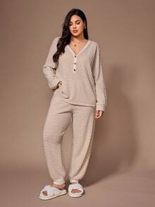 Lazeform Plus Size Women Jacquard Striped Casual Half-Zip Long Sleeve Top And Pants Loungewear Set, Cozy Outfit, Fall Winter Clothes