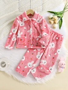 2pcs Cardigan Fleece Cute Rabbit Pattern Pajamas, Fashionable Loungewear Set - Pink - View 3