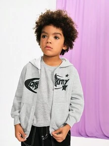 Maija Kids Maija Kids Young Boys Casual Knit Sweatshirt Jacket With Letter Print, Zipper, Pockets, Thermal Lined, Suitable For Autumn/Winter, Weekend, Casual Outing, Back To School - Light Grey - View 3