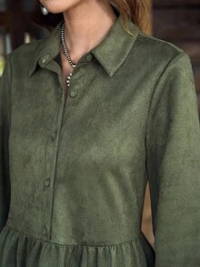 LanaWest Women's Western Bohemian Style Military Green Lapel Single-Breasted Half-Placket Loose Long Sleeve Niche Design Layered Hem Casual Vacation Mini Shirt Dress - Army Green - View 5