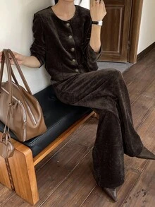 DAZY 2 件套女士秋冬灯芯绒宽松商务休闲办公室服装，金属扣装饰开衫衬衫和直筒裤套装 - 棕色 - 查看 7