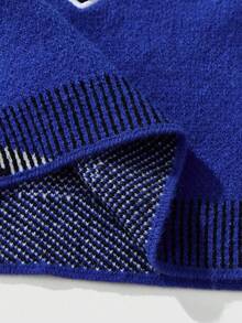 ROMWE MEN Prep Pull tricoté à col en V de style baseball pour hommes, brodé, style de rue rétro, automne/hiver - Bleu azur - Voir 5