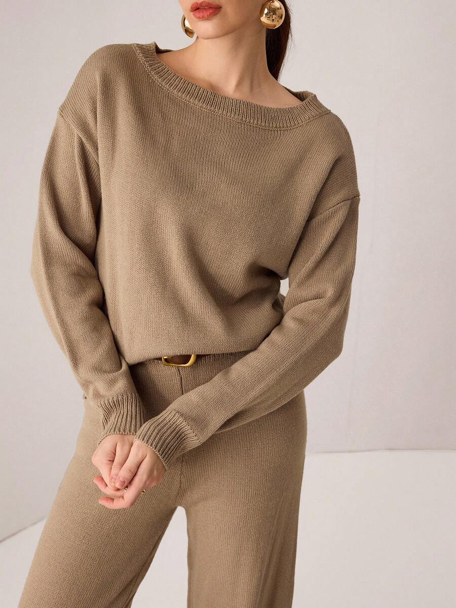 Modelyn 女式纯色针织毛衣和裤子套装 - 杏色 - 查看 1