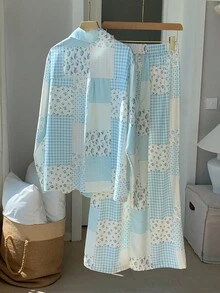 Comfortcana Conjunto de 2 piezas de camisa de manga larga con estampado de patchwork y pantalones de pierna ancha, estilo casual de vacaciones para mujer, primavera/otoño - Azul - Ver 2