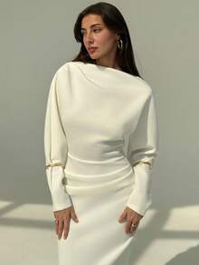 Aloruh New Solid Color Versatile Elegant Intellectual Minimalist Office Commute Ruched Decor Loose Top Tight Waist Bodycon Maxi Long Sleeve Dress - White - View 6