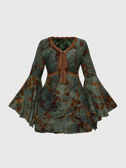 Fairycore Vestido de mujer de talla grande con mangas acampanadas, estampado de teñido anudado y seda de hielo con efecto retro romántico