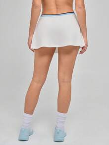 Menodora SHEIN Sport Women's Sporty Layered White Shorts, Soft Stretch Fabric, High Waist With Contrast Ribbed Band, Adjustable Tie, Built-In Inner Shorts For Comfort And Coverage - White - View 3