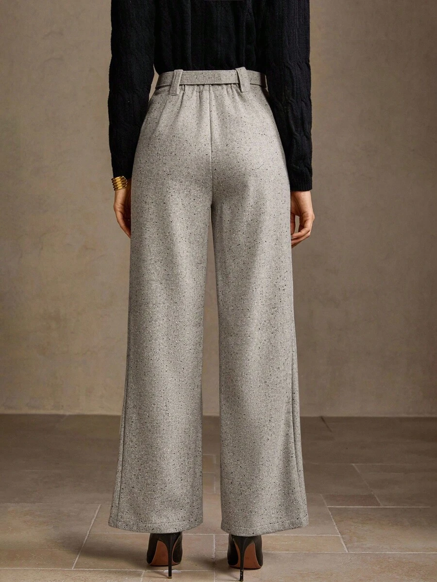 MOTF PREMIUM 斜口袋扣腰带阔腿西装裤 - 灰色 - 查看 2