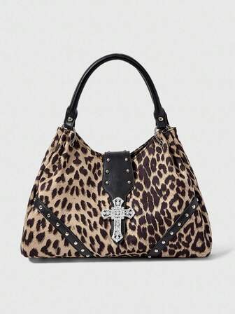 Grunge Punk Bolso de hombro de gran capacidad de estilo casual con estampado de leopardo para mujer