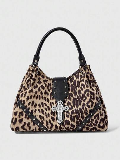 Grunge Punk Bolso de hombro de gran capacidad de estilo casual con estampado de leopardo para mujer