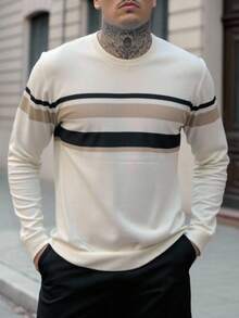 Manfinity Homme 男士条纹印花圆领休闲百搭长袖套头毛衣，秋冬款 - 杏色 - 查看 6