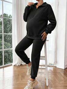 SHEIN 2 Stücke Umstandsmode Lässig einfarbiger Halb-Reißverschluss Stillpullover und Jogginghose Set, vielseitig für den täglichen Weg zur Arbeit - Schwarz - Übersicht 5