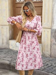Brillora 女式花卉印花褶皱长袖束腰优雅中长连衣裙，适合度假 - 粉色 - 查看 3