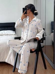 Dream Adore Bow Print Lapel Long Sleeve Pajama Set, Fall Clothes - Blue - View 5