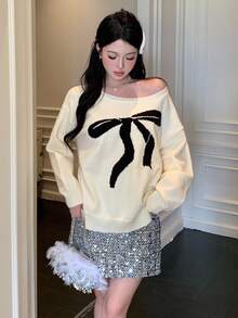 DAZY Autumn White Cute Graphic Date Bow Jacquard Color Block Off Shoulder Pullover Knit Sweater,Loose Casual Fashionable Collegiate Style For Christmas - Beige - View 5