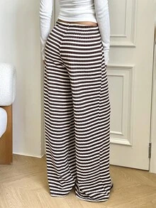 Aloruh Casual Minimalist Knitted Striped Straight-Leg Pants For Women, Suitable For Home, Daily Outings, Autumn/Winter