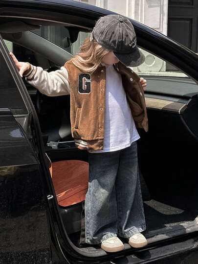 年轻女孩时尚简约字母标语刺绣羊毛拼布宽松飞行员夹克，适合冬季休闲运动穿着