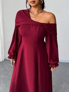 Elenzga 大码女式优雅浪漫派对/婚礼宾客雪纺不对称领口长袖 A 字高开衩长裙，春/秋/冬 - 酒紅色 - 查看 6