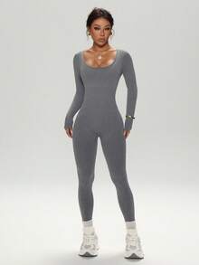 Dewbera 无缝高弹力运动健身连体衣，时尚灰色长袖和裤子紧身衣 - 灰色 - 查看 7
