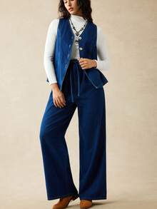 SHEIN Maternity Fall Autumn Winter Halloween Christmas Y2k Cute Streetwear Business Casual Woman Country Vintage Modest Old Money Business Casual Woman Work Clothes V-Neck Single-Breasted Vest And Wide-Leg Jeans 2 Pieces Casual Set Women's Denim Sleeveless Vest And Wide-Leg Pants Set For Casual Chic Style Stylish Loose-Fit Dark Blue Denim Outfit With Button-Up Vest For Everyday Wear - Blue - View 5