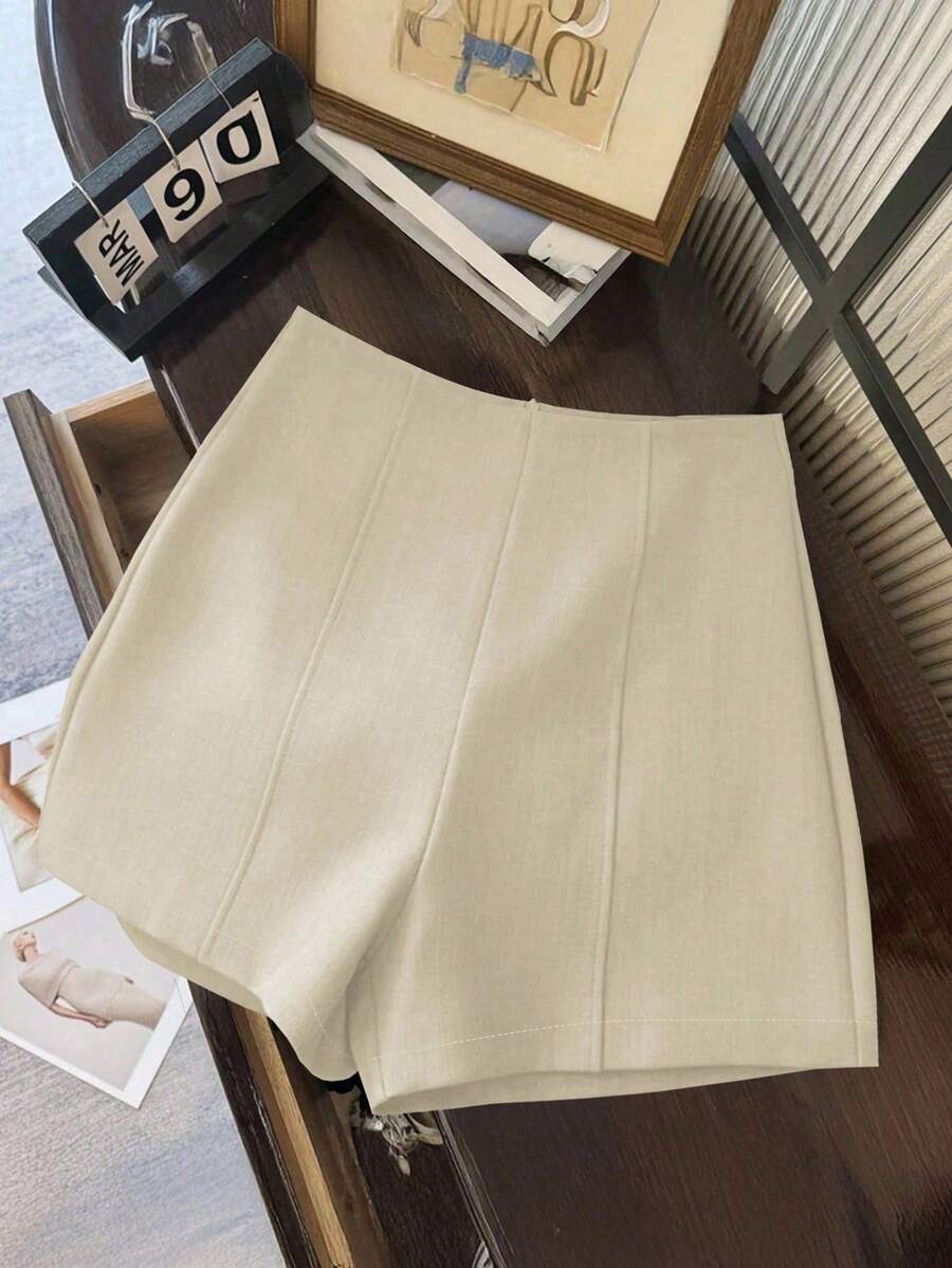 SHEIN Franclia Fashionable Minimalist Dark Grey High Waist Women's Super Shorts, Zipper Back Closure, Suitable For Daily Commute, Dates And Romantic Occasions Vintage - Beige - View 1
