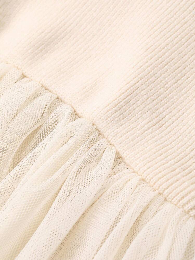 Girls' Sweater Contrast Mesh Dress, Fall Outfit
