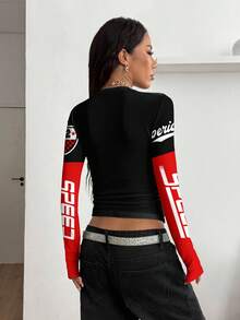 Coolane Women's Y2K Racing Car Formula Racing Pattern Streetwear Bustier V-Neck T-Shirt. Streetwear, Vintage, Back To School, Retro, Club, Cool, Fall Women's Clothing, Women's Casual Outfits, Autumn And Winter, Hip-Hop, Style Core Aesthetics.