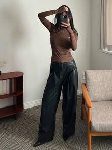 DAZY Women's Mock Neck Half Zip Long Sleeve Base Layer Top, Fitted & Stretchy, Autumn/Winter - Brown - View 4