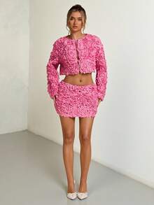 SHEIN BAE 秋冬纯色粉红玫瑰3D花朵装饰女式低腰迷你裙，优雅秋季3D花朵裙 - 粉色 - 查看 7