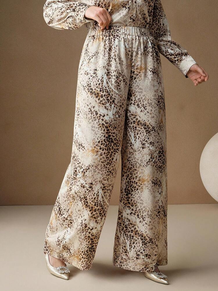 Pantalones anchos de mujer de talla grande con estampado de leopardo de textura de satén vintage, para otoño/invierno