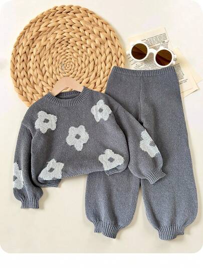 SHEIN 女婴休闲花卉图案圆领毛衣和裤子套装