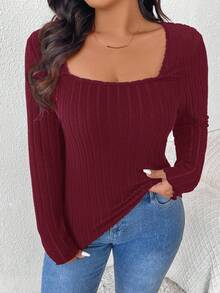 SHEIN Frenchy Plus Size Casual Ribbed Crew Neck Fitted T-Shirt - Burgundy - View 4