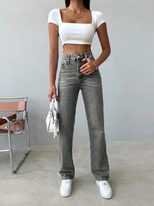 SHEIN Tall Tall High Waist Snow Wash Straight Jean - Grey - View 4