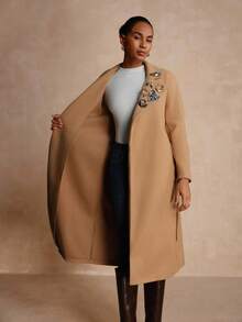 Lyxana Metal Collar Decor + Robe Style Woolen Coat Brown Coat - Mocha Brown - View 8