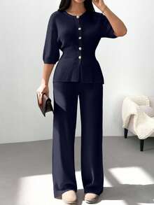 EURMUSE Women Solid Color Front Button Rib Knit Cardigan & Sweater Pants Set