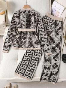 Sparklyn 2 件套 V 领提花针织开衫和高腰直筒裤套装，适合青少年 - 杏色 - 查看 3