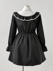 Sunspun Elegantes Herbst/Winter Collegemode süßes gestreiftes Patchwork Design Prinzessinnenkragen Puffärmel Spitzenbesatz Taille gerafft ausgestellter Saum Kleid für Frauen