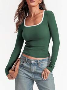 INAWLY Camiseta casual de cuello redondo de manga larga para mujer, primavera y verano - Verde Oscuro - Ver 4