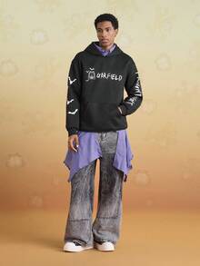GARFIELD | SHEIN Sudadera con capucha casual de hombre con estampado de letra y gato, otoño - Negro - Ver 6